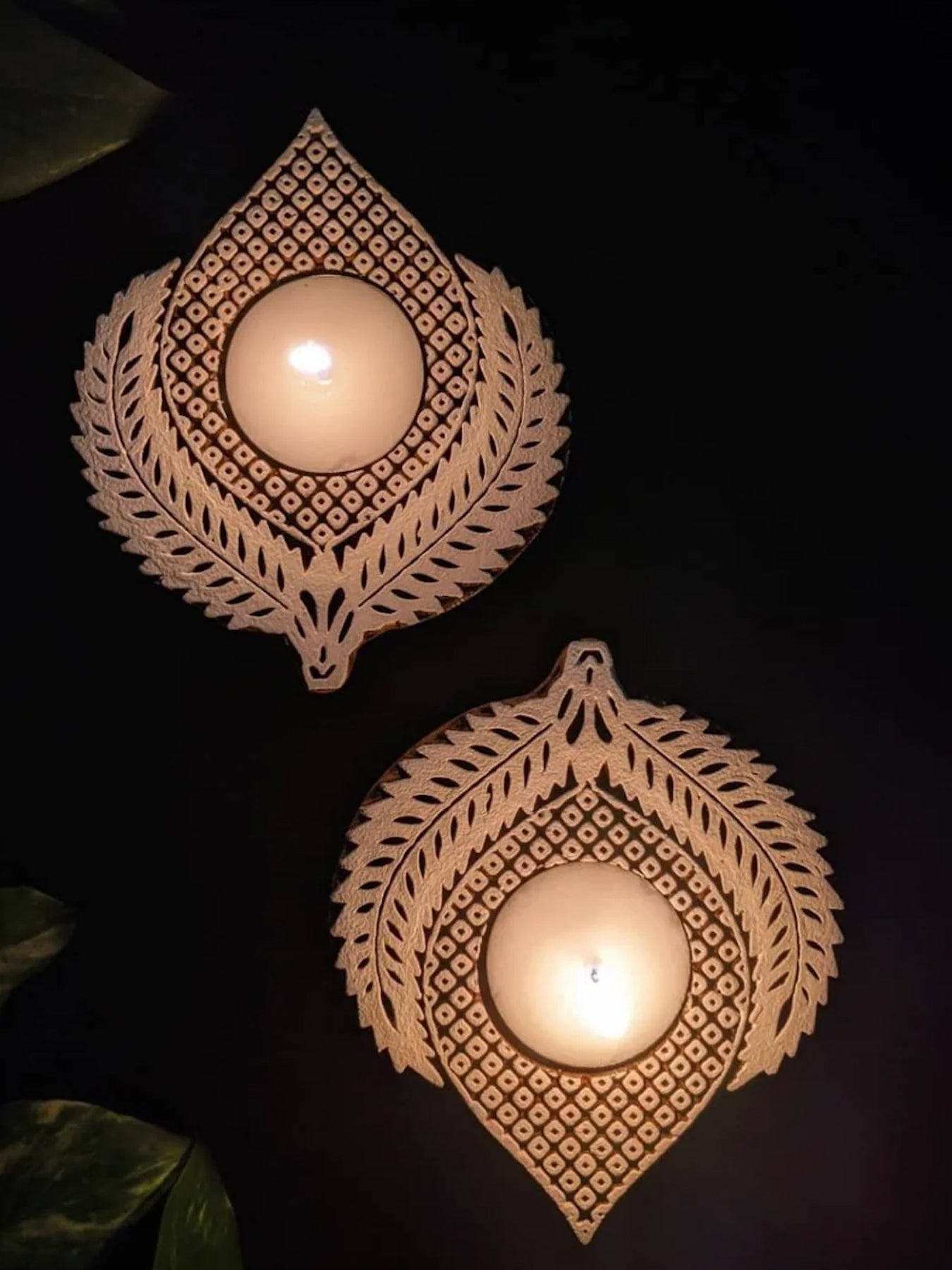 Handcrafted Wooden Block Diya Set with Tea Light Candles