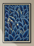 Handmade Minimalist Pichwai Painting with Blue Leaves and Golden Accents