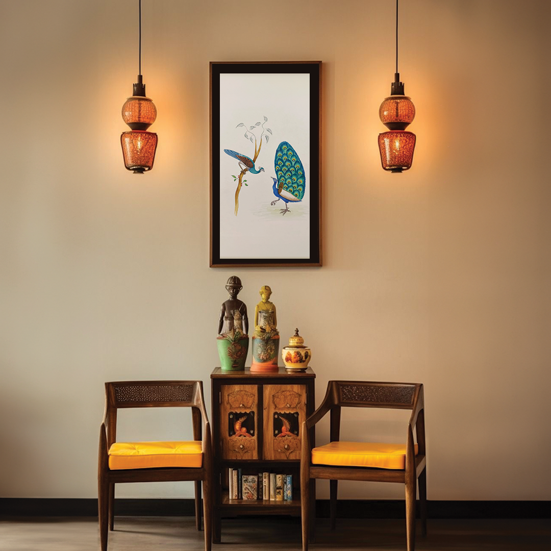 Handmade Indian Miniature Painting of a Peacock, Peafowl Bird in Nature, Decorative wall art