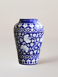 Handmade Jaipur Blue Pottery Quartz Stone Powder 10 Inch Handiya Flower Vase with White Floral Design | Decorative Flower Vase