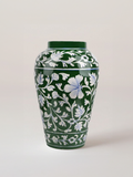 Handmade Blue Pottery Quartz Stone Powder Green Handiya Flower Vase with Floral Design | 10 Inch | Decorative Flower Vase