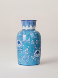 Handpainted Blue Pottery Quartz Stone Powder Vase Turquoise Base with White Flowers | Decorative Flower Vase