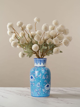 Handpainted Blue Pottery Quartz Stone Powder Vase Turquoise Base with White Flowers | Decorative Flower Vase