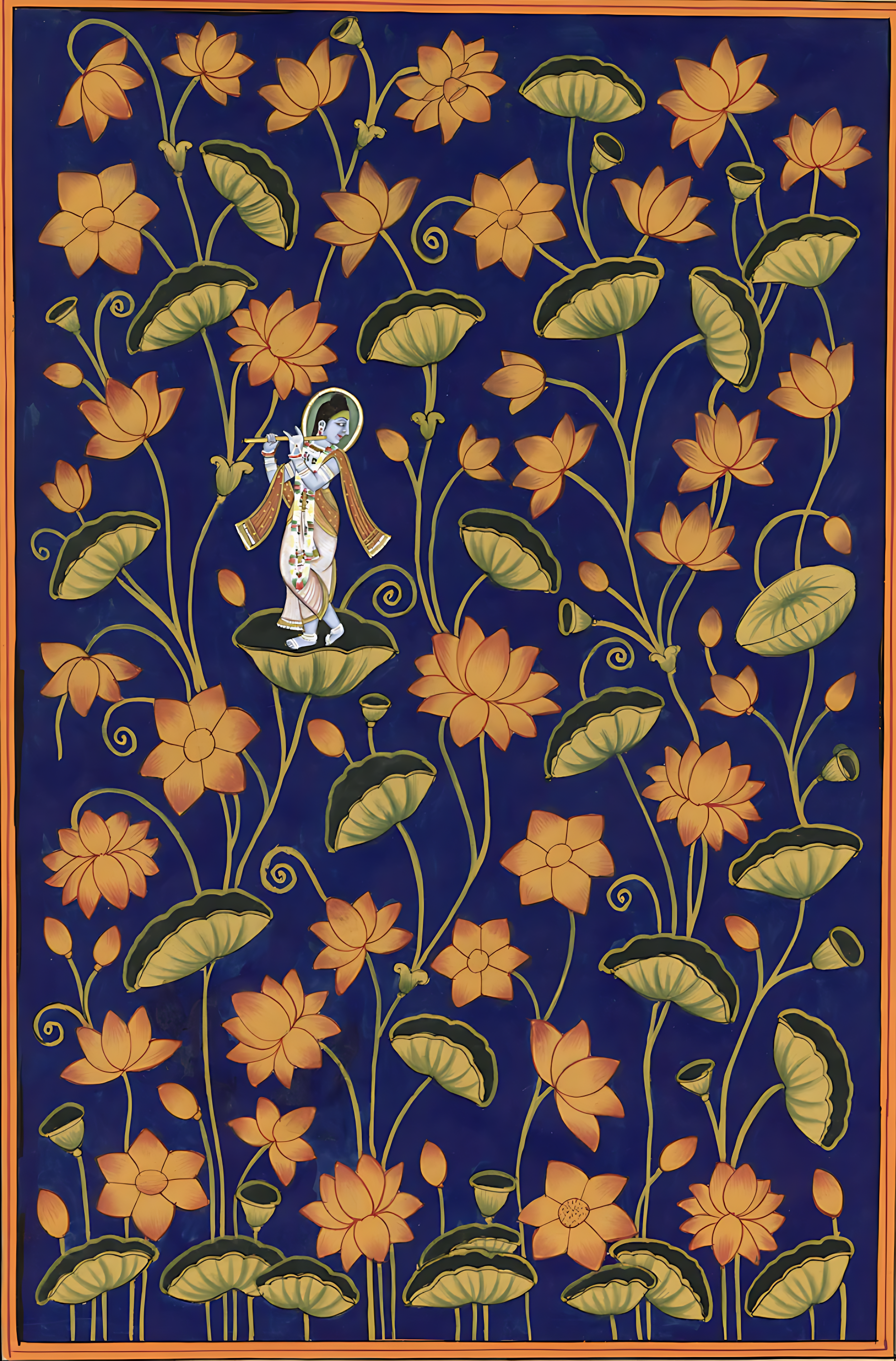 Handmade Kamal Talai Pichwai Painting of Krishna with Lotus Pond