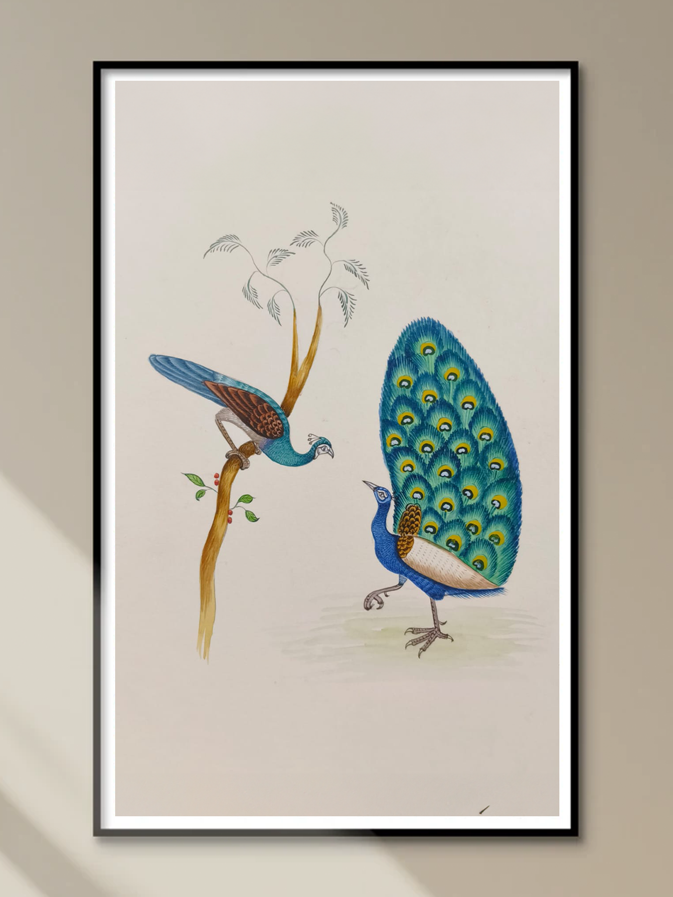 Handmade Indian Miniature Painting of a Peacock, Peafowl Bird in Nature, Decorative wall art