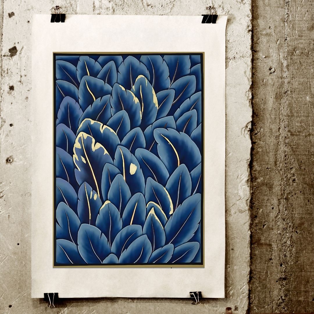 Handmade Minimalist Pichwai Painting with Blue Leaves and Golden Accents