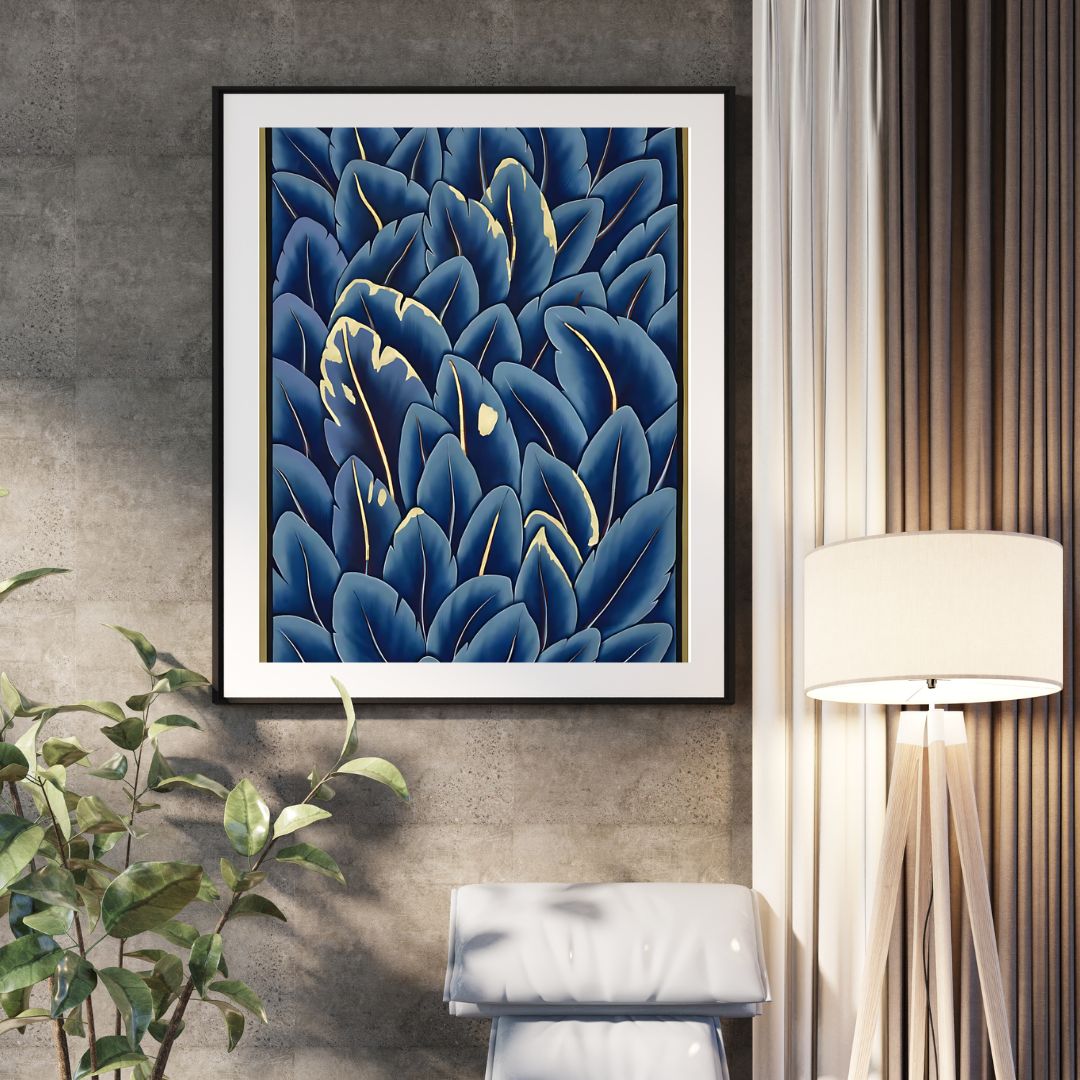 Handmade Minimalist Pichwai Painting with Blue Leaves and Golden Accents