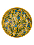 Handmade Quartz Stone Powder 10 Inch Yellow Floral Blue Pottery Decorative Wall Hanging Plate | Decorative Wall Plate