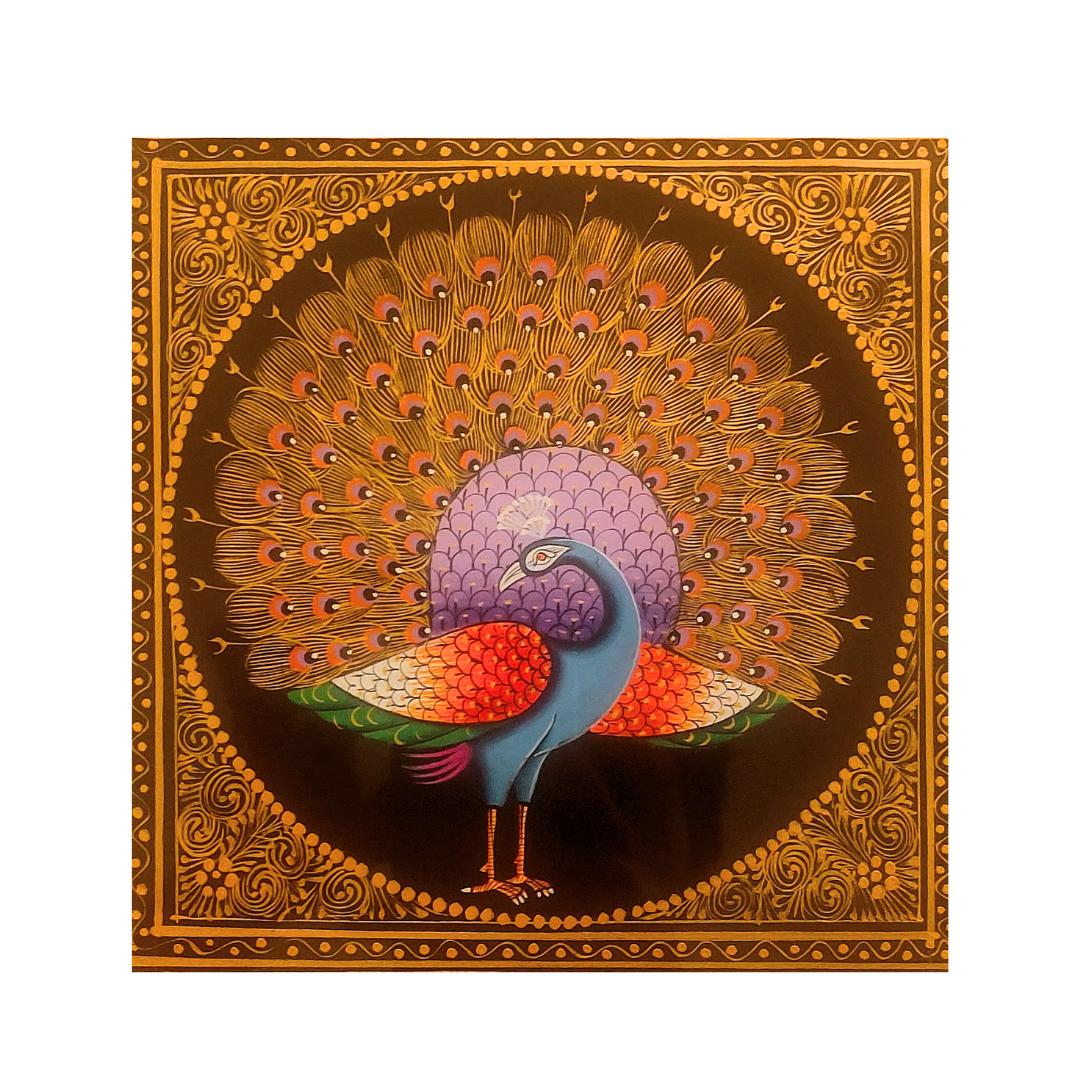 Golden Hand Painted Beautiful Peacock Indian Mughal Miniature Painting