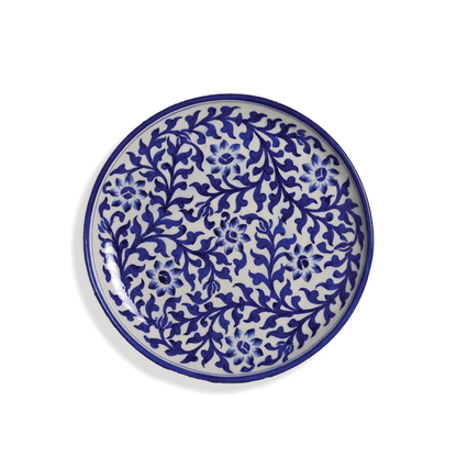 Handmade Quartz Stone Powder 10 Inch Leafy Pattern Blue Pottery Decorative Platter | Decorative Serving Plate