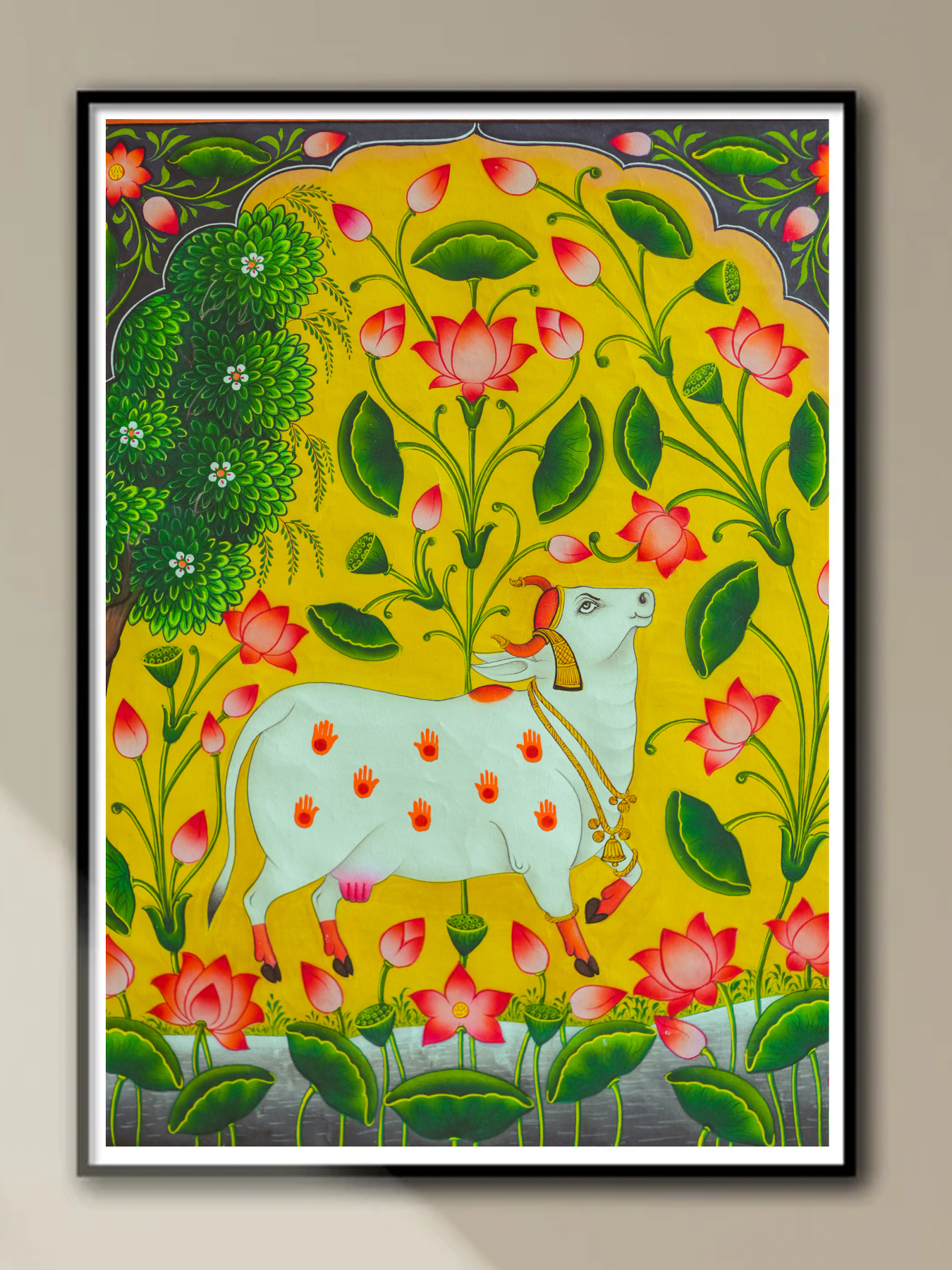 Handmade Cow Pichwai Painting with Lotus Pond | Serene Devotional Art Decor