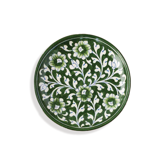 Handcrafted Green Floral Quartz Stone Powder 10 Inch Blue Pottery Decor Plate | Decorative Plate