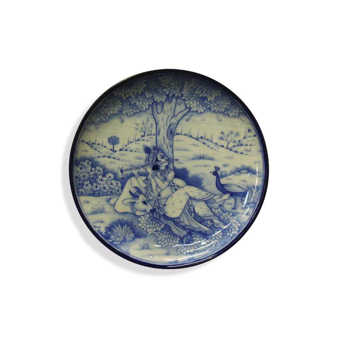 Handmade Blue Pottery Quartz Stone Powder Lord Krishna Playing Flute 8 Inch Wall Plate | Decorative Wall Plate