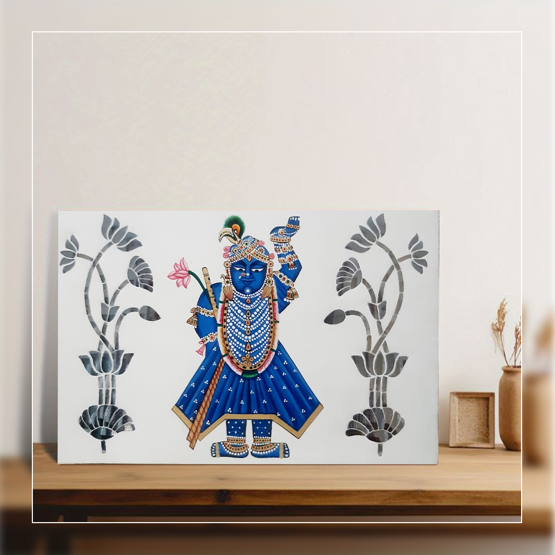 Handcrafted Divine Shrinathji Thikri Glasswork | Blue Mirror Artwork