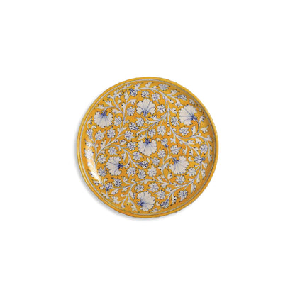 Handmade Quartz Stone Powder Yellow Leafy Flower Pattern Blue Pottery Decorative Platter | 10 Inch | Serving Plate