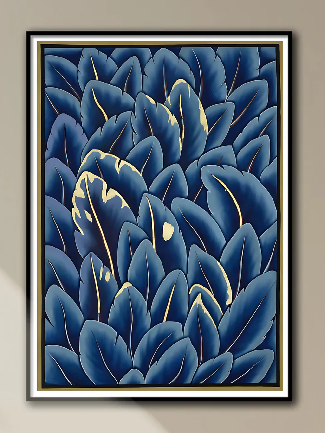 Handmade Minimalist Pichwai Painting with Blue Leaves and Golden Accents | Art Decor