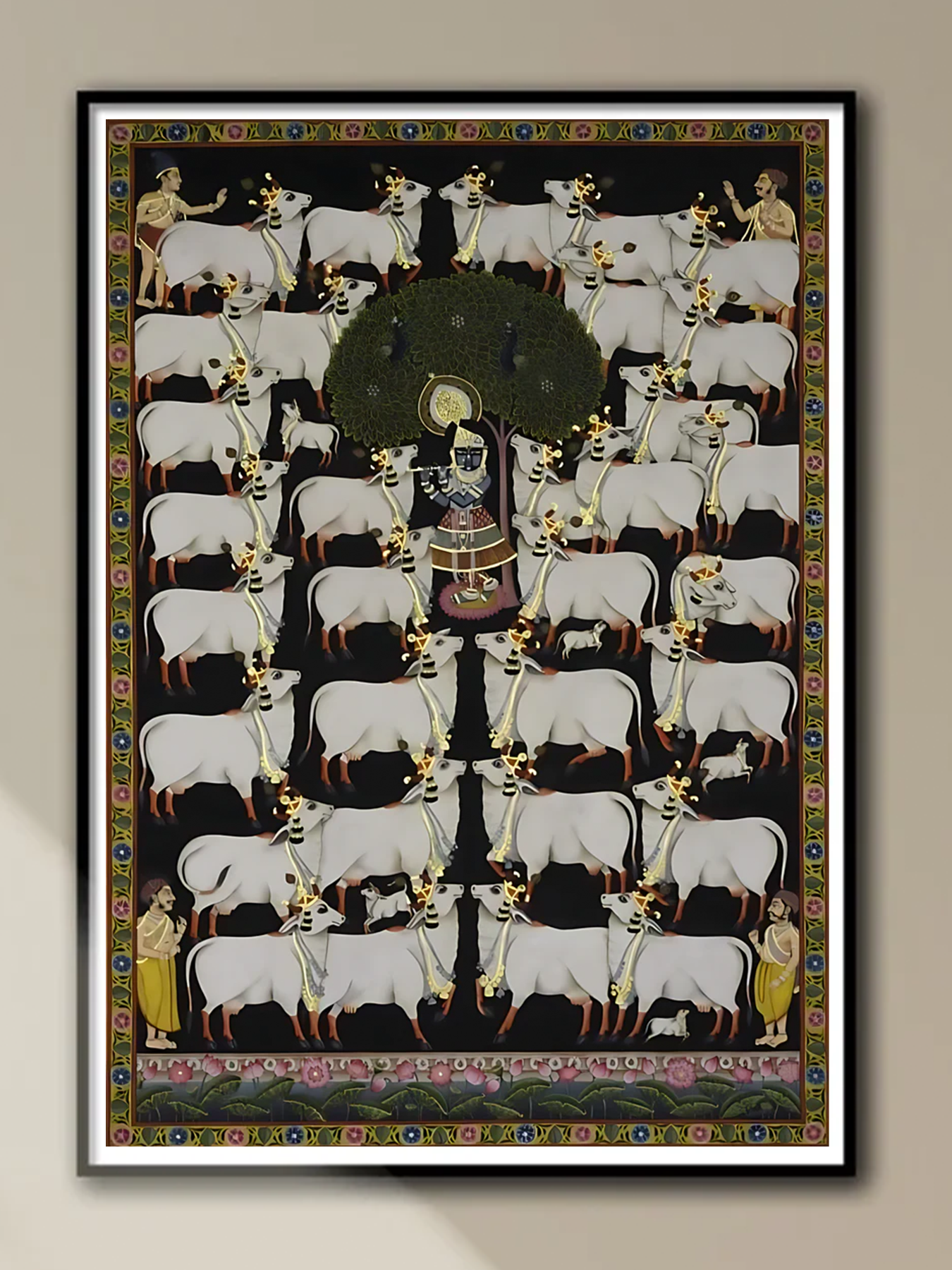 Handmade Gopashtami Pichwai Painting | 36x24 Inch | Krishna with Cows | Devotional Art Decor