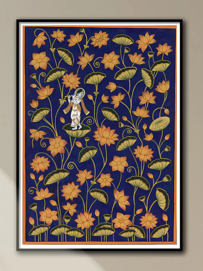 Handmade Kamal Talai Pichwai Painting of Krishna with Lotus Pond | Devotional Art Decor