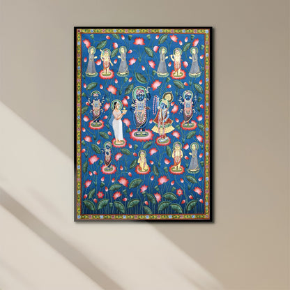 Handmade Swaroop of Shrinathji with Gopies in Lotus Pond | Pichwai Art | Traditional Devotional Wall Decor