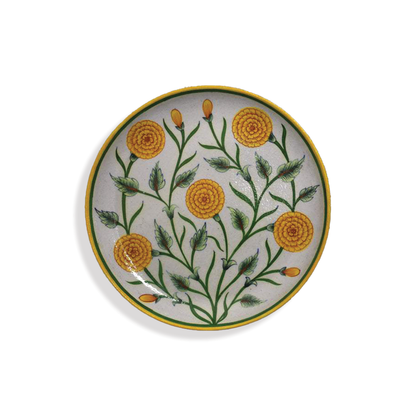 Handcrafted Quartz Stone Powder Jaipur Blue Pottery Decorative Marigold Flower Wall Hanging Plate | 10 Inch | Decorative Wall Plate