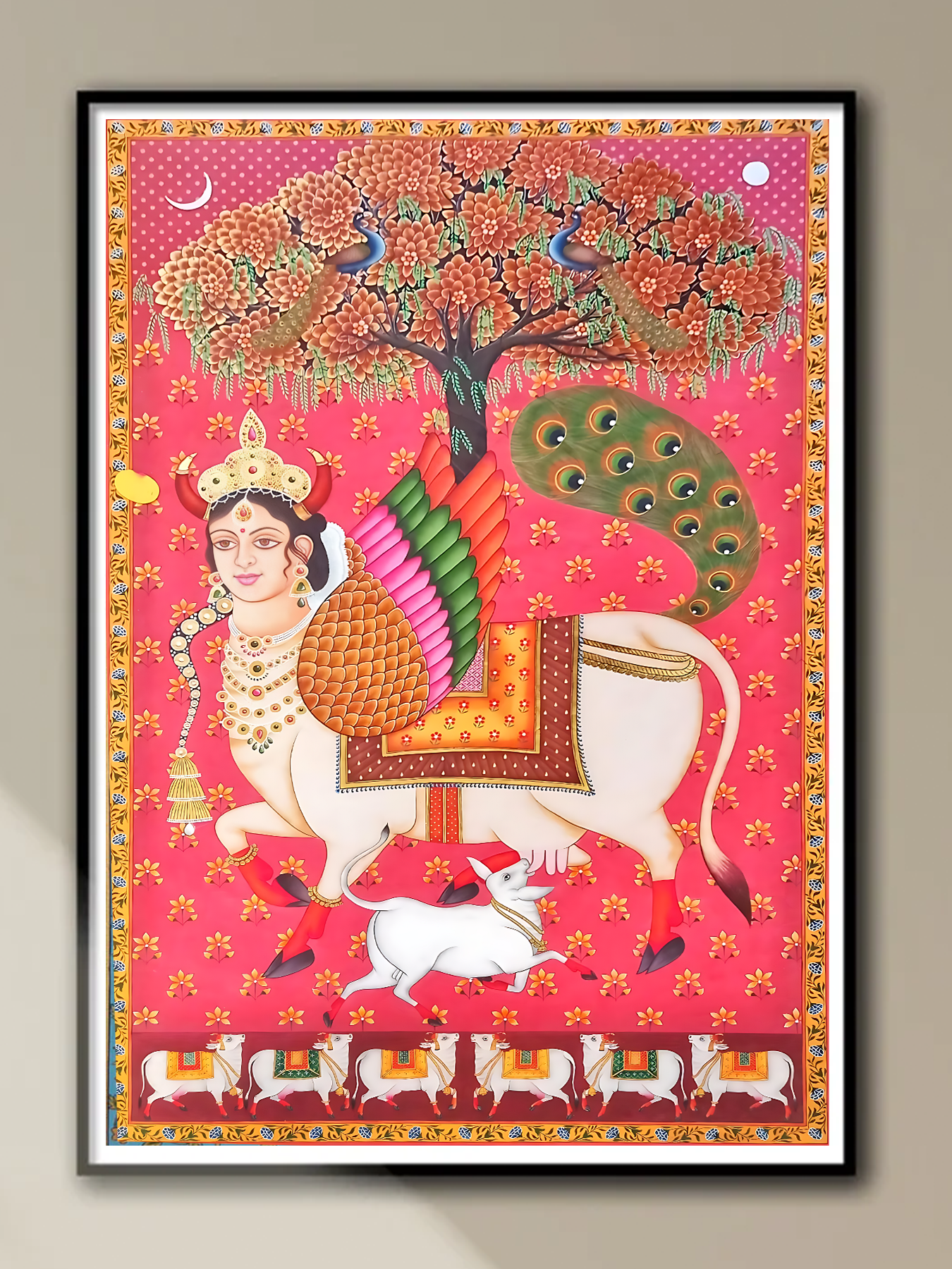 Handmade Mystical Cow Goddess Pichwai Painting | Unique Indian Devotional Art | Wall Decor