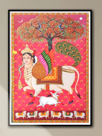 Handmade Mystical Cow Goddess Pichwai Painting | Unique Indian Devotional Art | Wall Decor