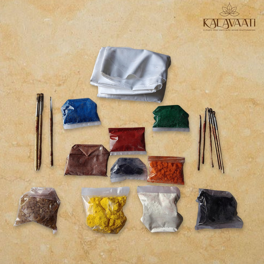 A complete kit of Natural Handmade colours, Art Brushes and Cotton cloth for Online Miniature class