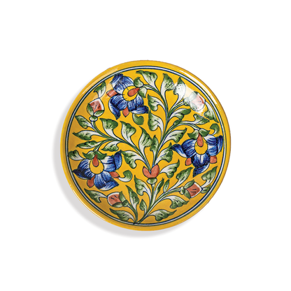 Handpainted Quartz Stone Powder Yellow Floral Blue Pottery 10 Inch Wall Plate | Decorative Wall Plate