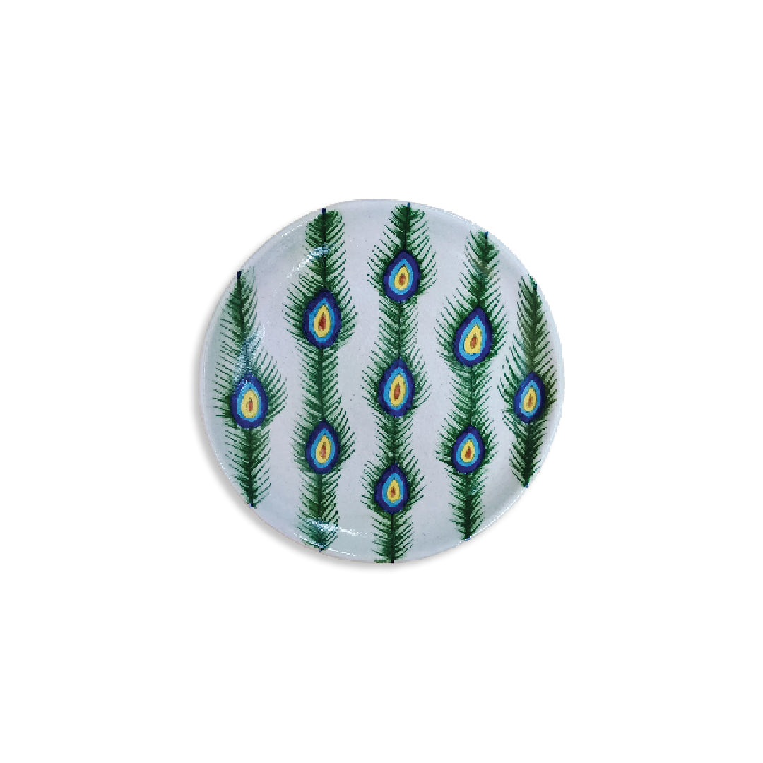 Handmade Quartz Stone Powder Peacock Feather Pattern Jaipur Blue Pottery 10 Inch Decorative Plate | Decorative Plate