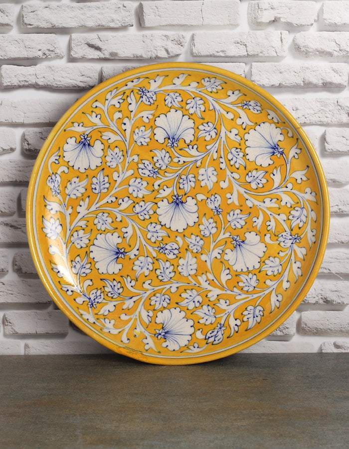 Handmade Quartz Stone Powder Yellow Leafy Flower Pattern Blue Pottery Decorative Platter | 10 Inch | Serving Plate