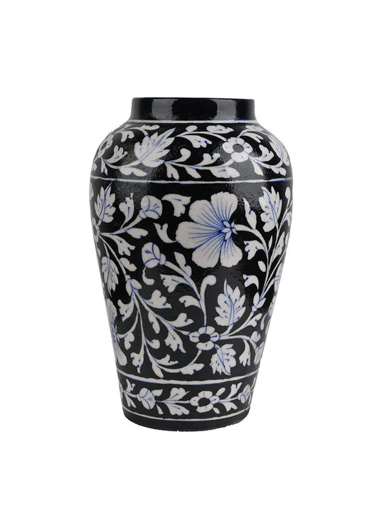 Elegance in Bloom: The White and Black - Blue Pottery Floral Vase