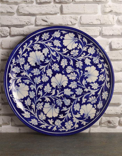 Hand Painted Quartz Stone Powder Blue and White Floral Pattern Blue Pottery Decor Plate | Decorative Plate | 10 Inch