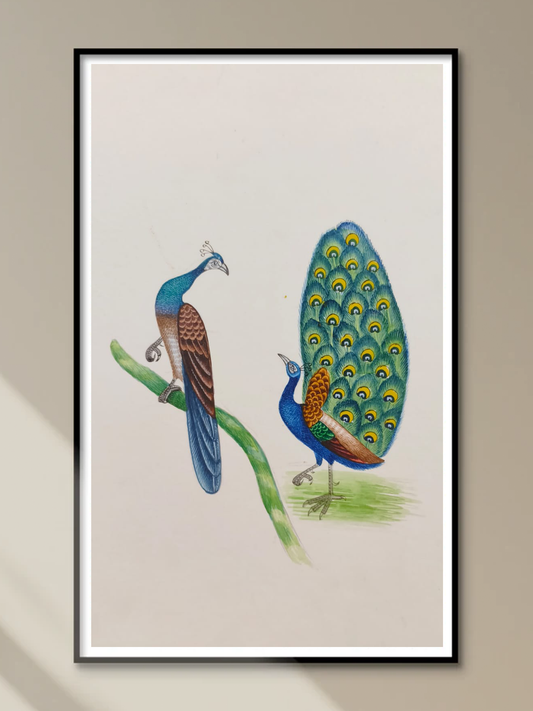 Handmade Indian Miniature Painting of a Peacock, Peafowl Bird in Nature Art