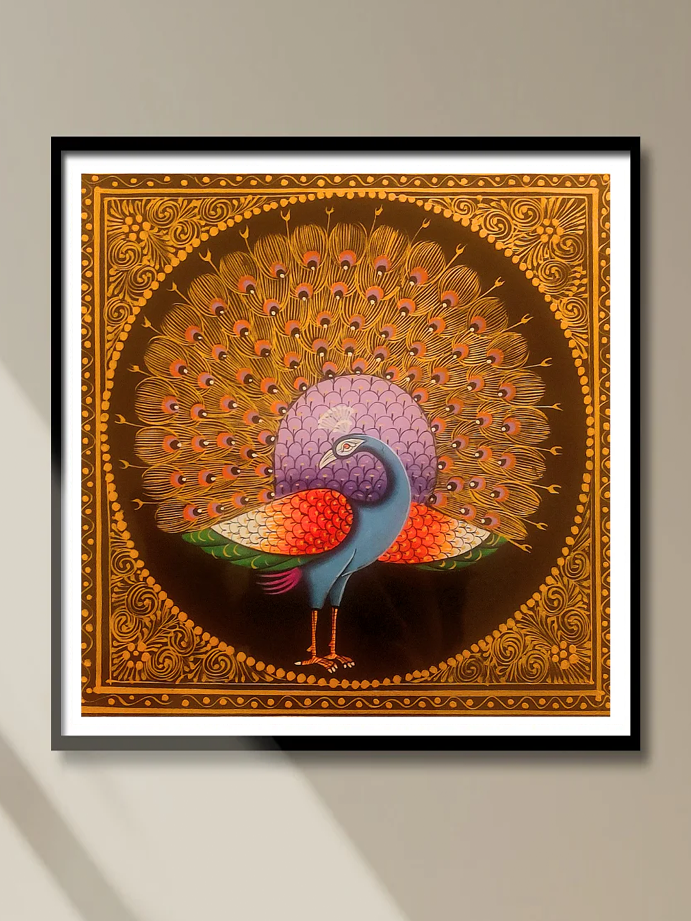 Golden Hand Painted Beautiful Peacock Indian Mughal Miniature Painting | Delicate Framed Bird Art | Rajasthani Wall Decor