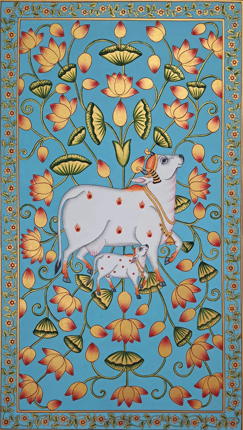 Handmade Adorned Cows Pichwai Painting | Devotional Art from Nathdwara | Traditional Wall Decor