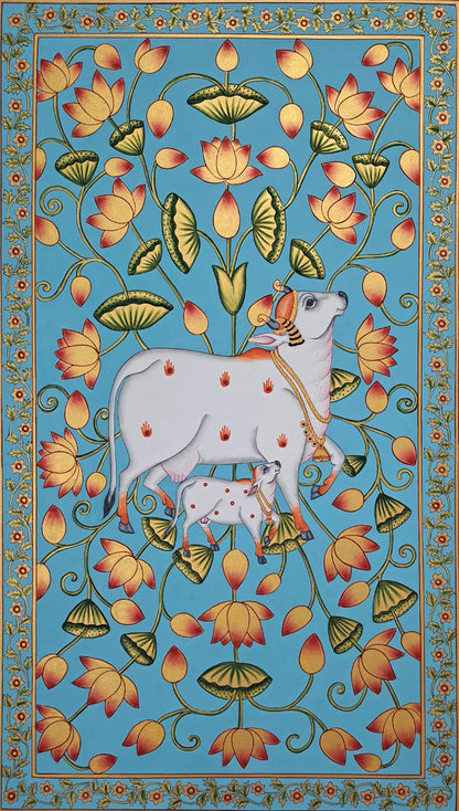 Handmade Adorned Cows Pichwai Painting | Devotional Art from Nathdwara | Traditional Wall Decor