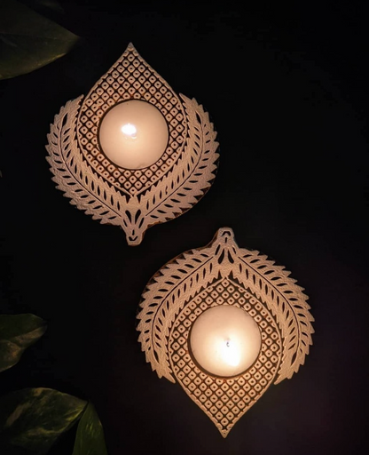 Handcrafted Wooden Block Diya Set with Tea Light Candles | Festive Decor