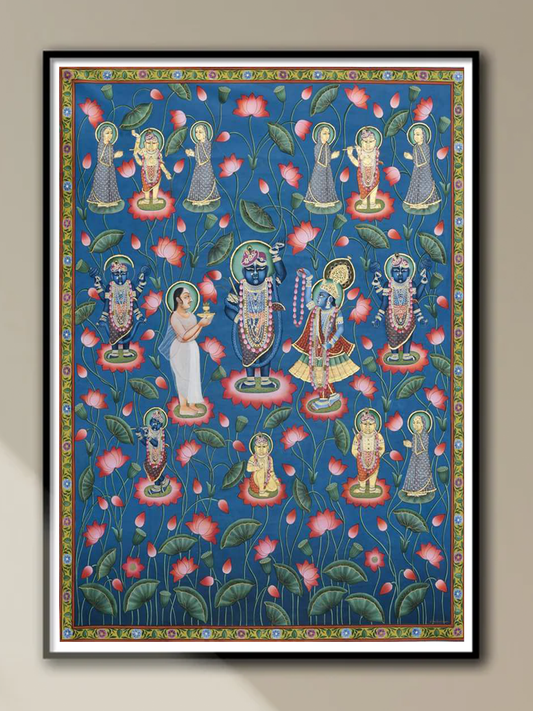 Handmade Swaroop of Shrinathji with Gopies in Lotus Pond | Pichwai Art | Traditional Devotional Wall Decor