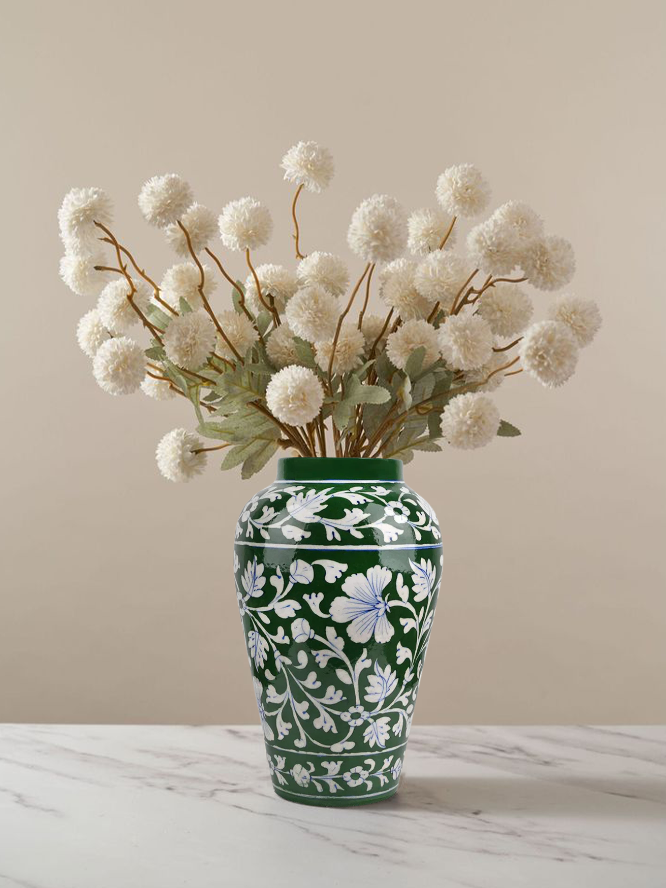 Handmade Blue Pottery Quartz Stone Powder Green Handiya Flower Vase with Floral Design | 10 Inch | Decorative Flower Vase
