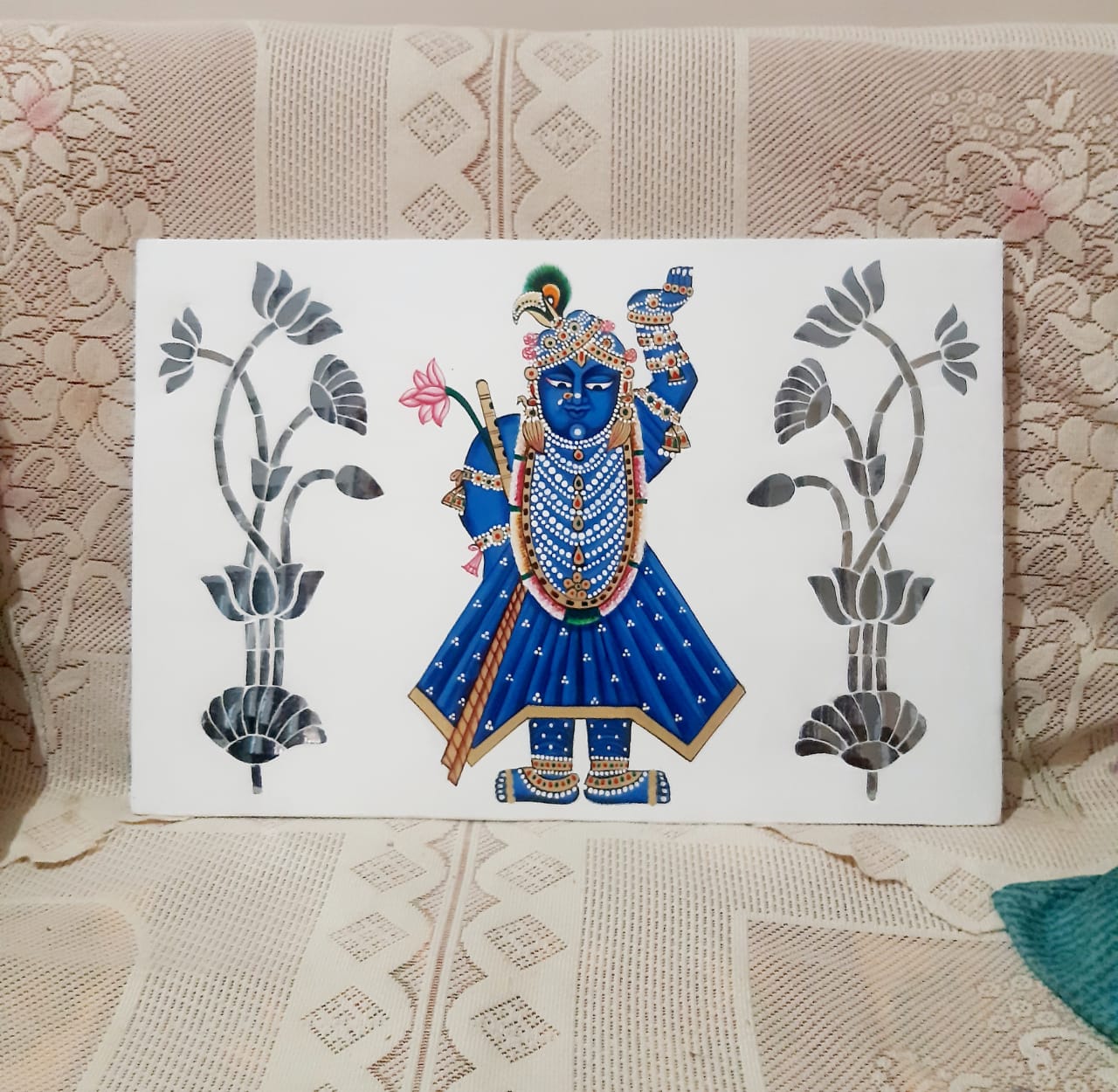 Handcrafted Divine Shrinathji Thikri Glasswork | Blue Mirror Artwork