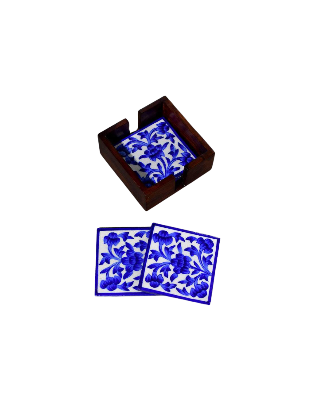 Handmade Blue Pottery Quartz Stone Powder 8.3 cm Coasters Set of 4 Pcs with Stand | Tea Coaster | Dining Table Decor Accessories
