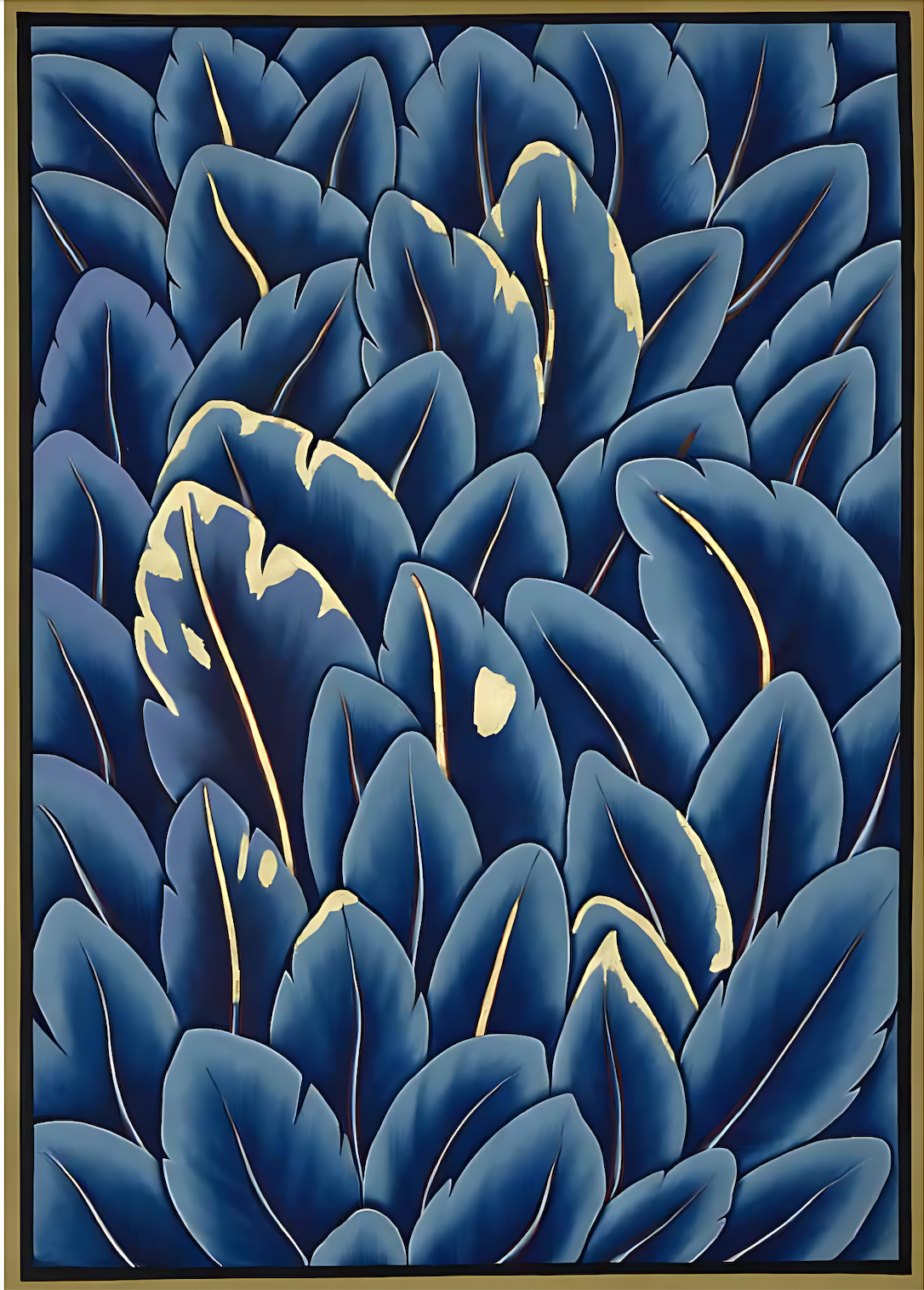 Handmade Minimalist Pichwai Painting with Blue Leaves and Golden Accents