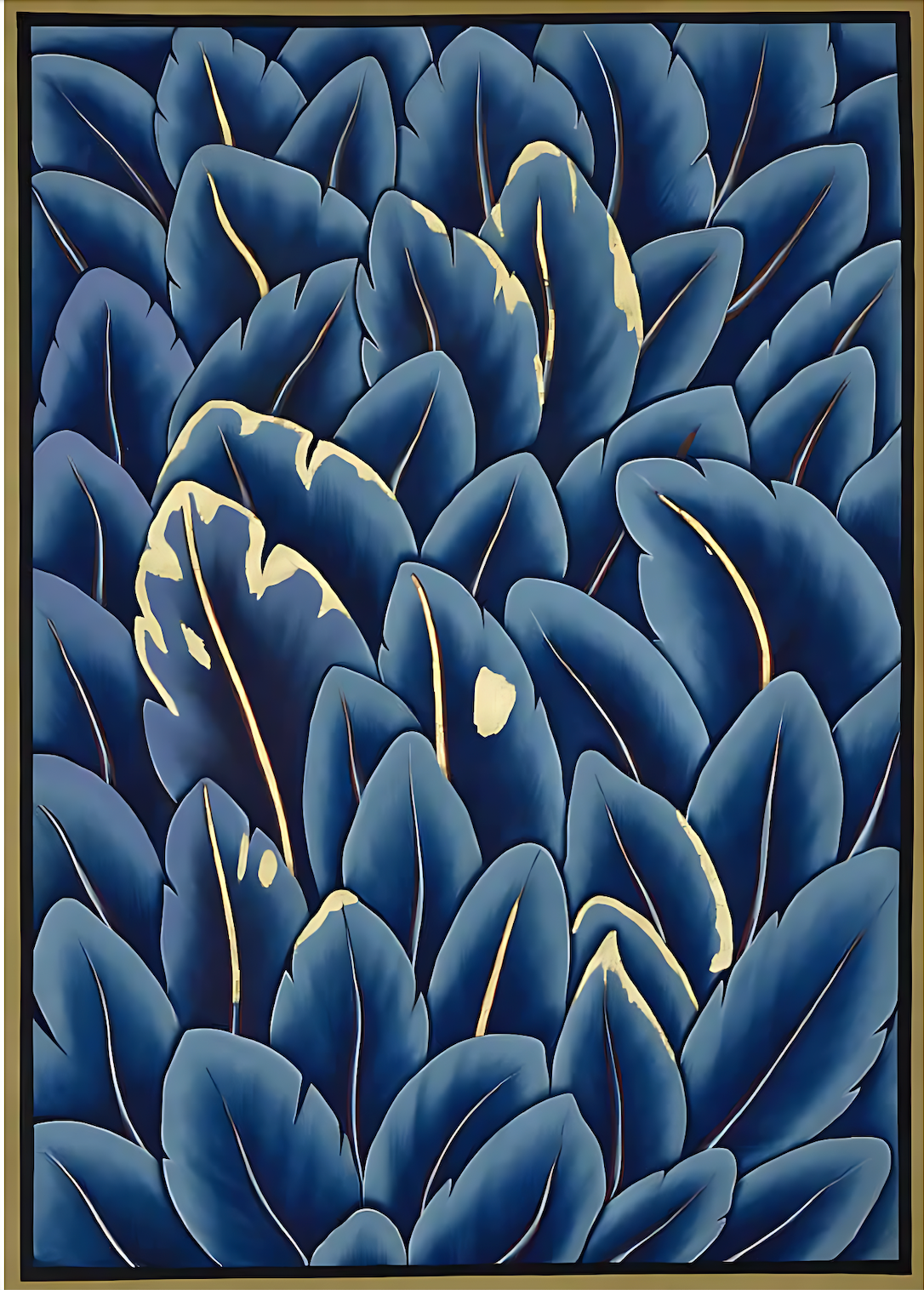 Handmade Minimalist Pichwai Painting with Blue Leaves and Golden Accents | Art Decor