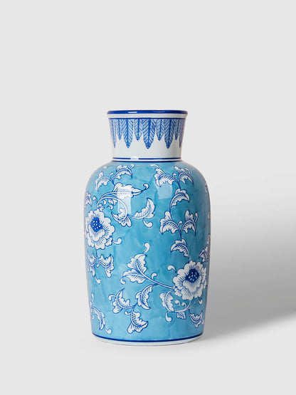 Handpainted Blue Pottery Quartz Stone Powder Vase Turquoise Base with White Flowers | Decorative Flower Vase