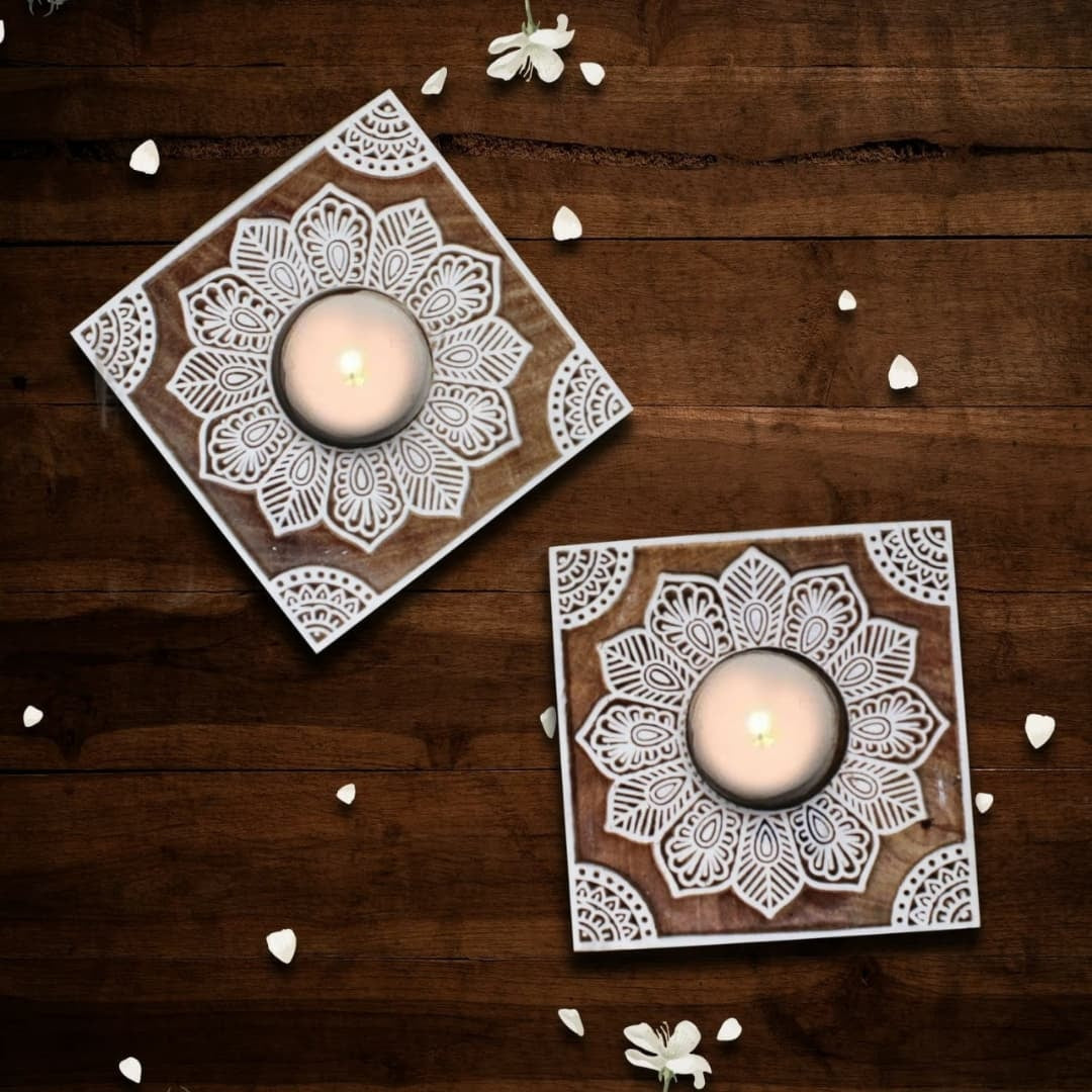 Handcrafted Wooden Block Diya Set of 5 | Mandala Design Festive Decor