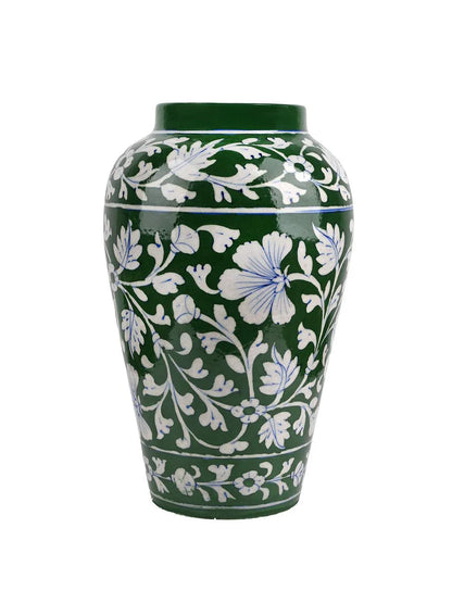 Handmade Blue Pottery Quartz Stone Powder Green Handiya Flower Vase with Floral Design | 10 Inch | Decorative Flower Vase