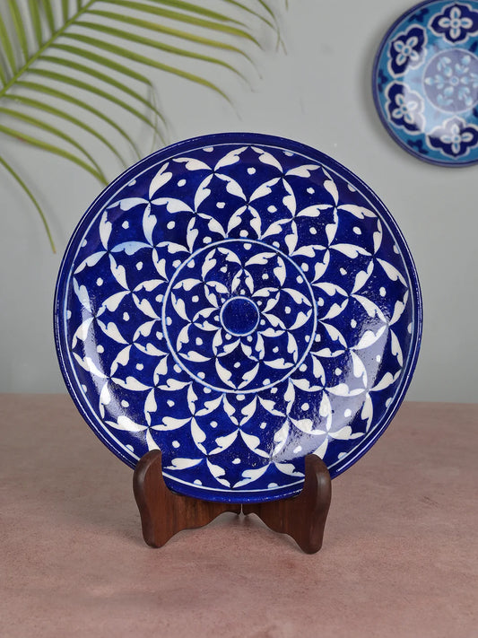 Handmade Jaipur Blue Pottery Quartz Stone Powder Geometric Decorative Wall Hanging Plate | 10 Inch | Wall Plate