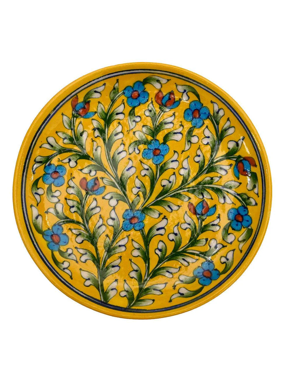 Handmade Quartz Stone Powder 10 Inch Yellow Floral Blue Pottery Decorative Wall Hanging Plate | Decorative Wall Plate