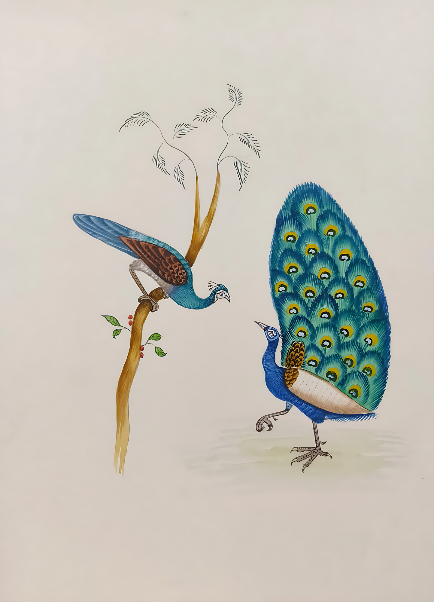 Handmade Indian Miniature Painting of a Peacock, Peafowl Bird in Nature | Decorative Wall Art