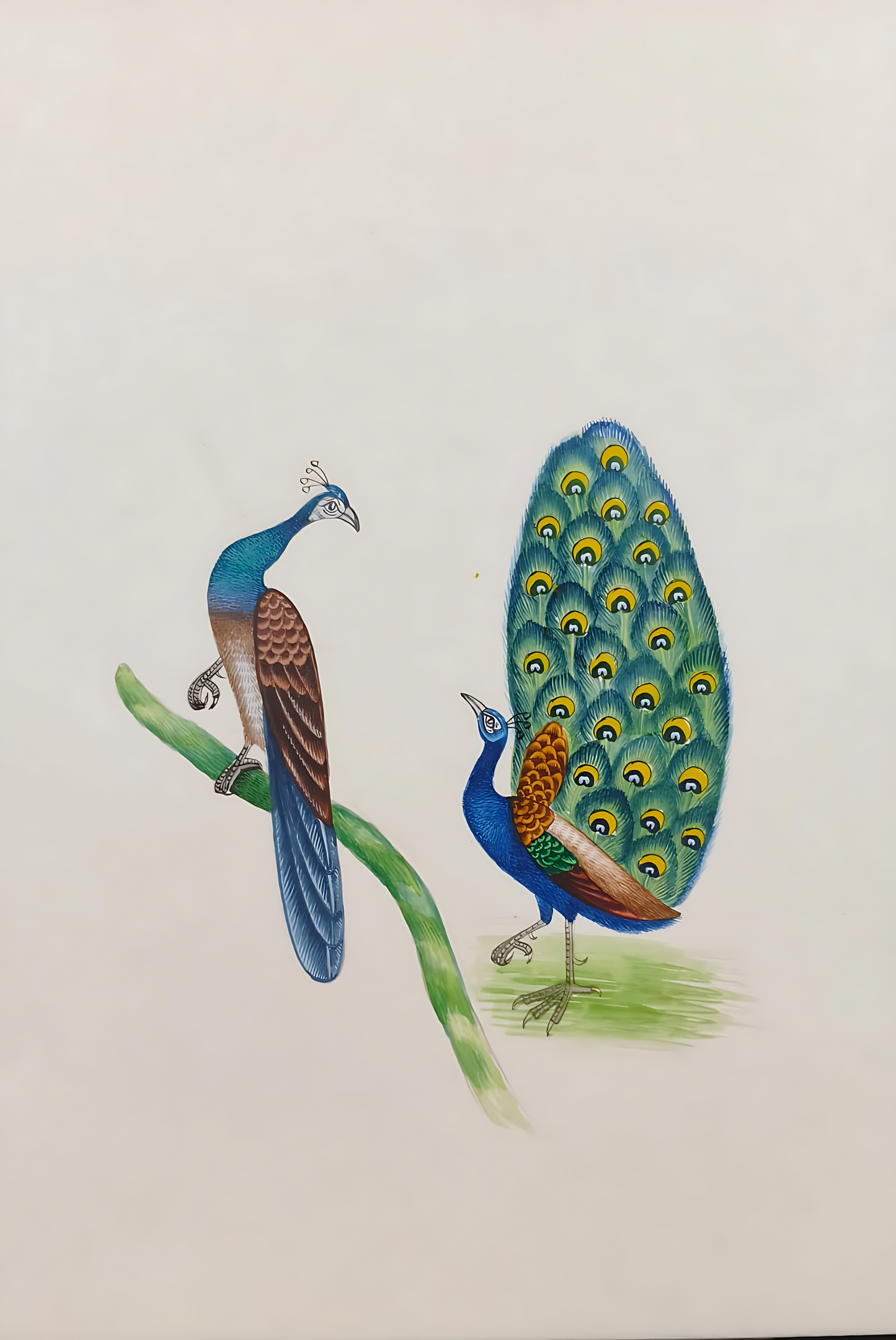 Handmade Indian Miniature Painting of a Peacock, Peafowl Bird in Nature Art